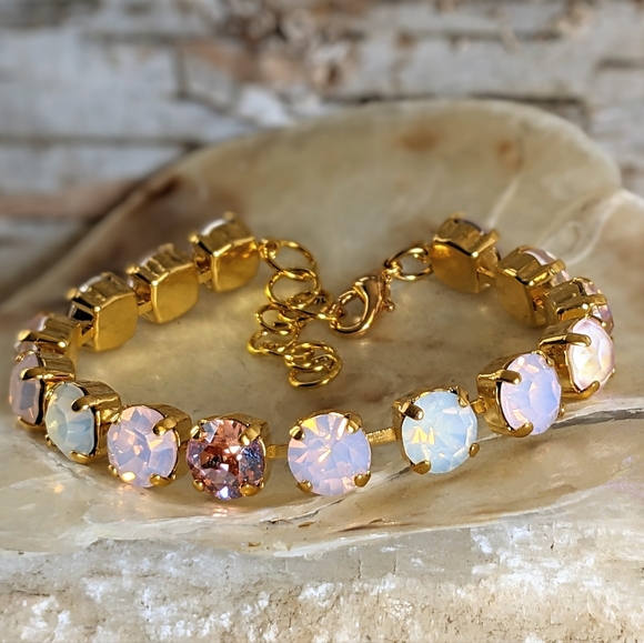 Rose Pink Opal & Pink Opal AB Swarovski Crystal Bracelet In Gold Plated - Picture 1 of 5